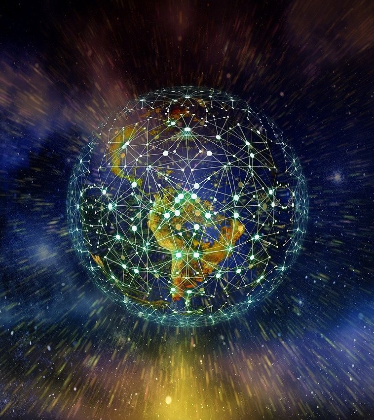 hand reaching out to touch a globe that is glowing, with thin connected lines surrounding it, representing the digital world