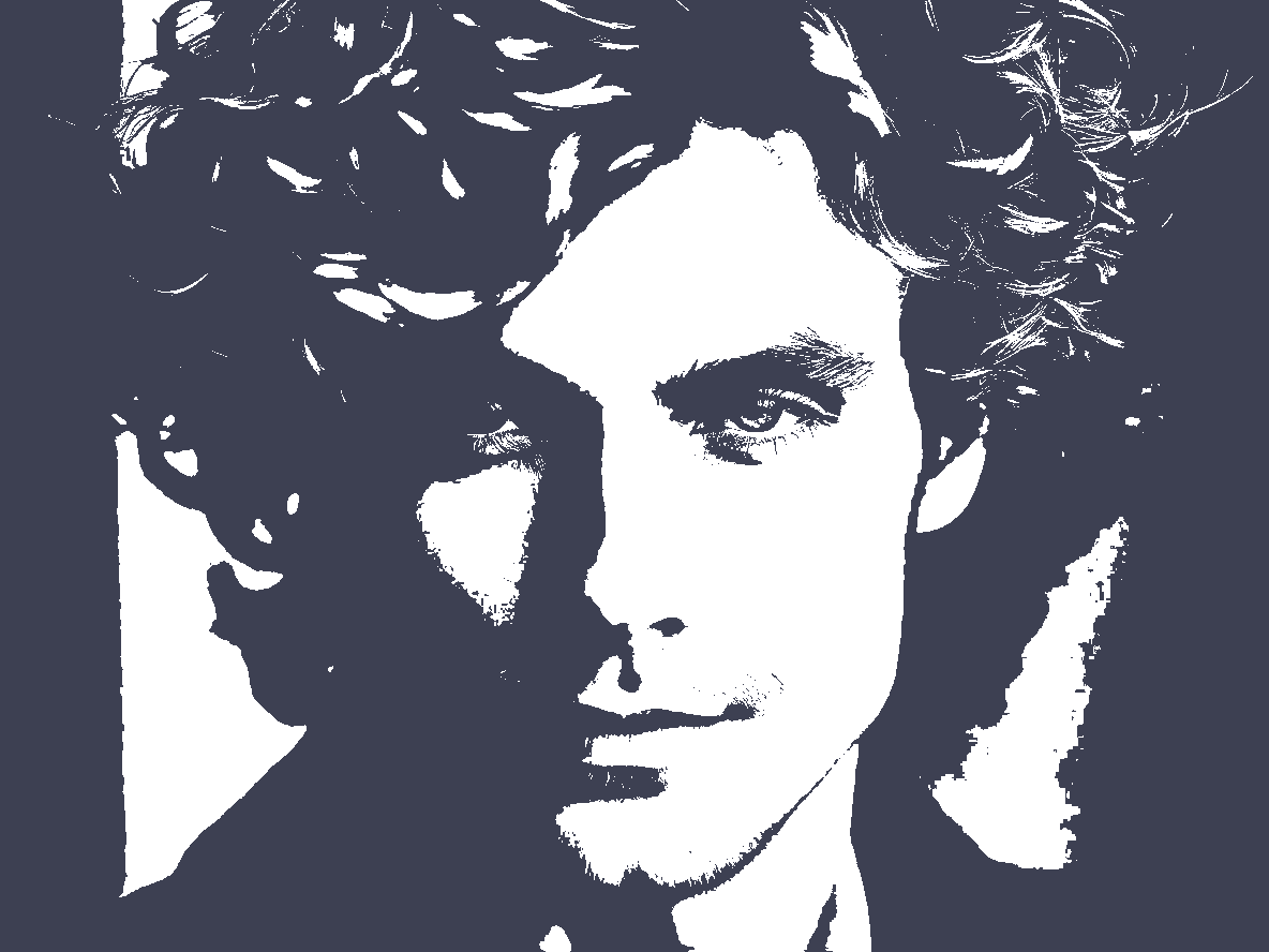 purple and white silhouette of a man with curly hair